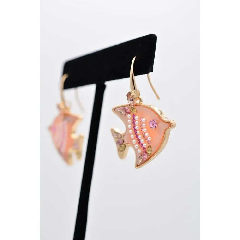 Angel Fish Dangle Earrings Pink Rhinestone Crystal Gold Beach Summer Y2K BinAE